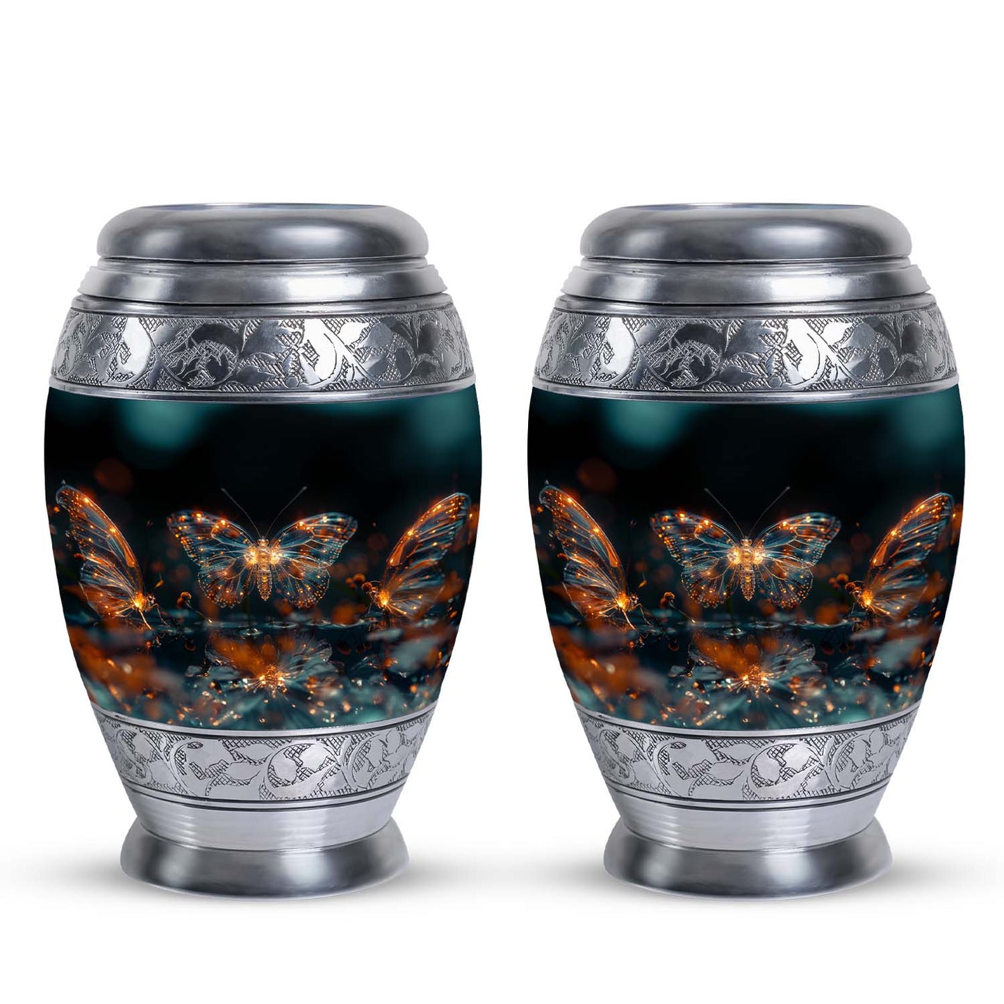 Butterfly Urn for Human Ashes, Glowing Gold Wings with Sparkle Particles, Black Gloss Urn