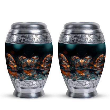 Butterfly Urn for Human Ashes, Glowing Gold Wings with Sparkle Particles, Black Gloss Urn