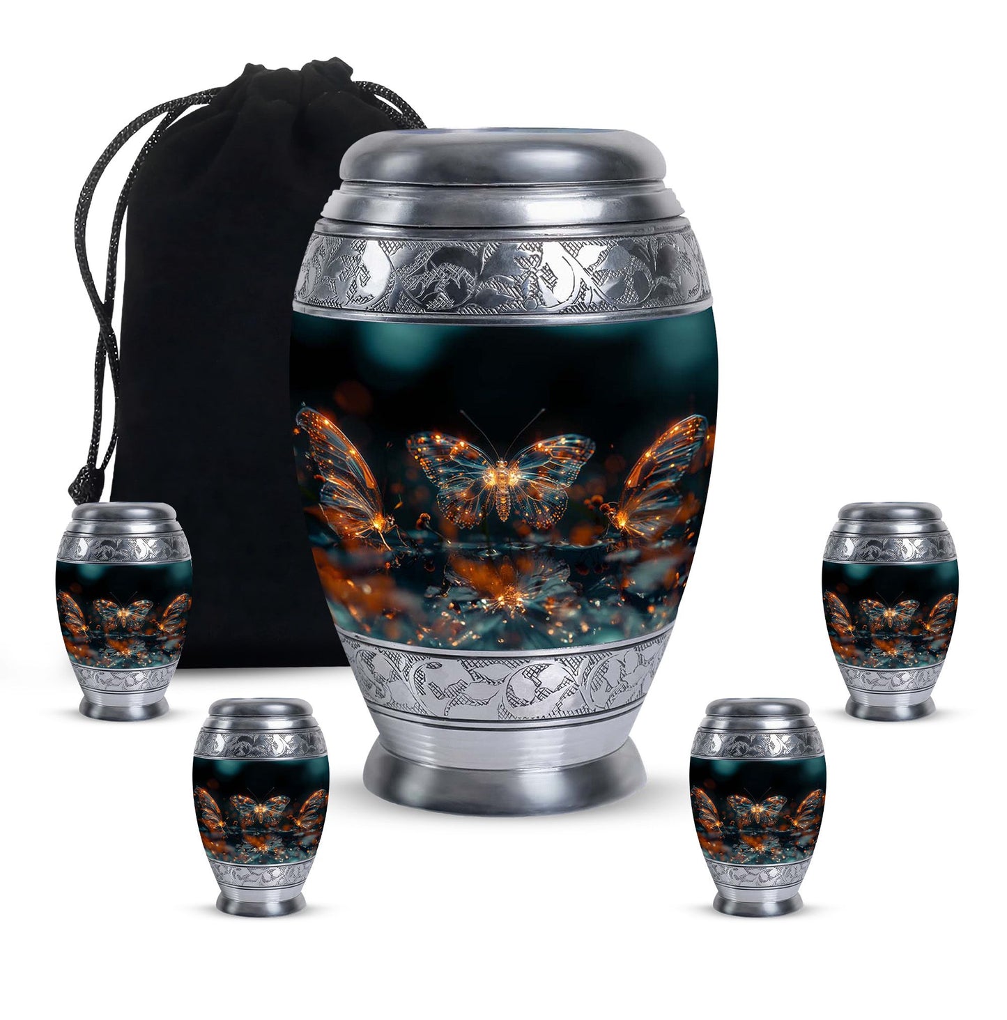 Butterfly Urn for Human Ashes, Glowing Gold Wings with Sparkle Particles, Black Gloss Urn