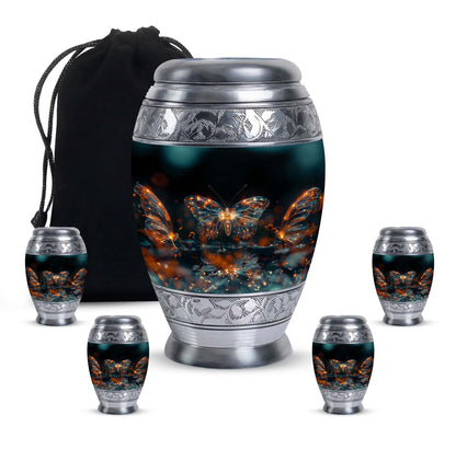 Butterfly Urn for Human Ashes, Glowing Gold Wings with Sparkle Particles, Black Gloss Urn