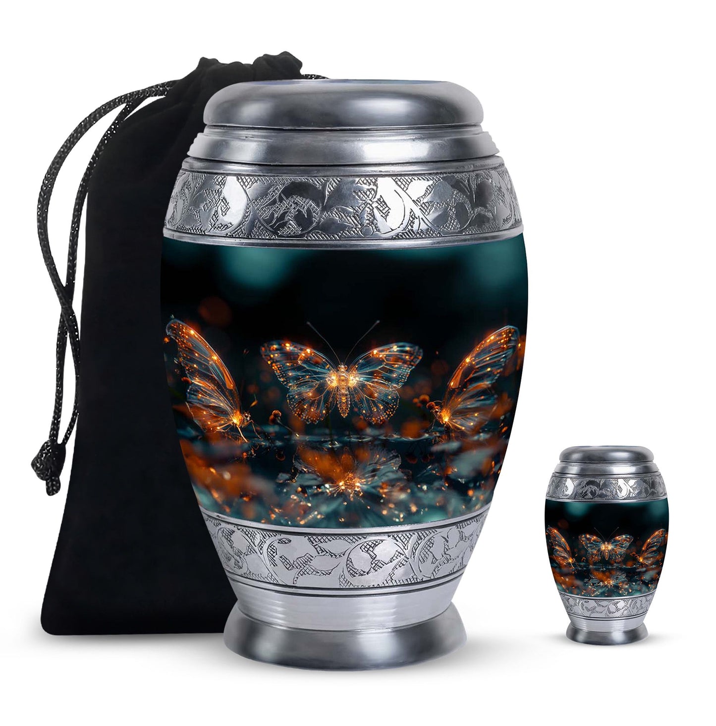 Butterfly Urn for Human Ashes, Glowing Gold Wings with Sparkle Particles, Black Gloss Urn