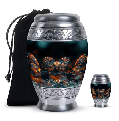 Butterfly Urn for Human Ashes, Glowing Gold Wings with Sparkle Particles, Black Gloss Urn