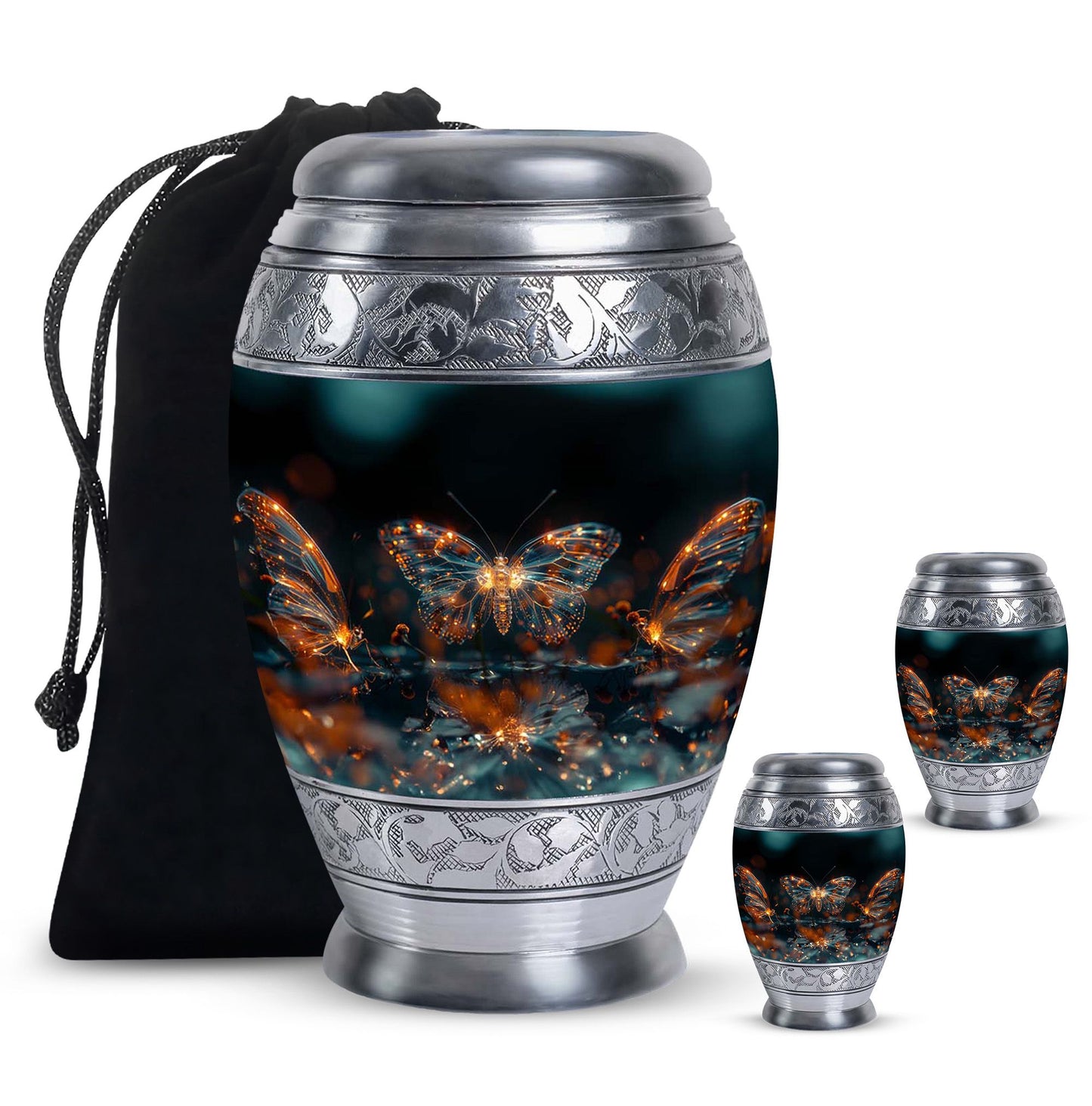 Butterfly Urn for Human Ashes, Glowing Gold Wings with Sparkle Particles, Black Gloss Urn