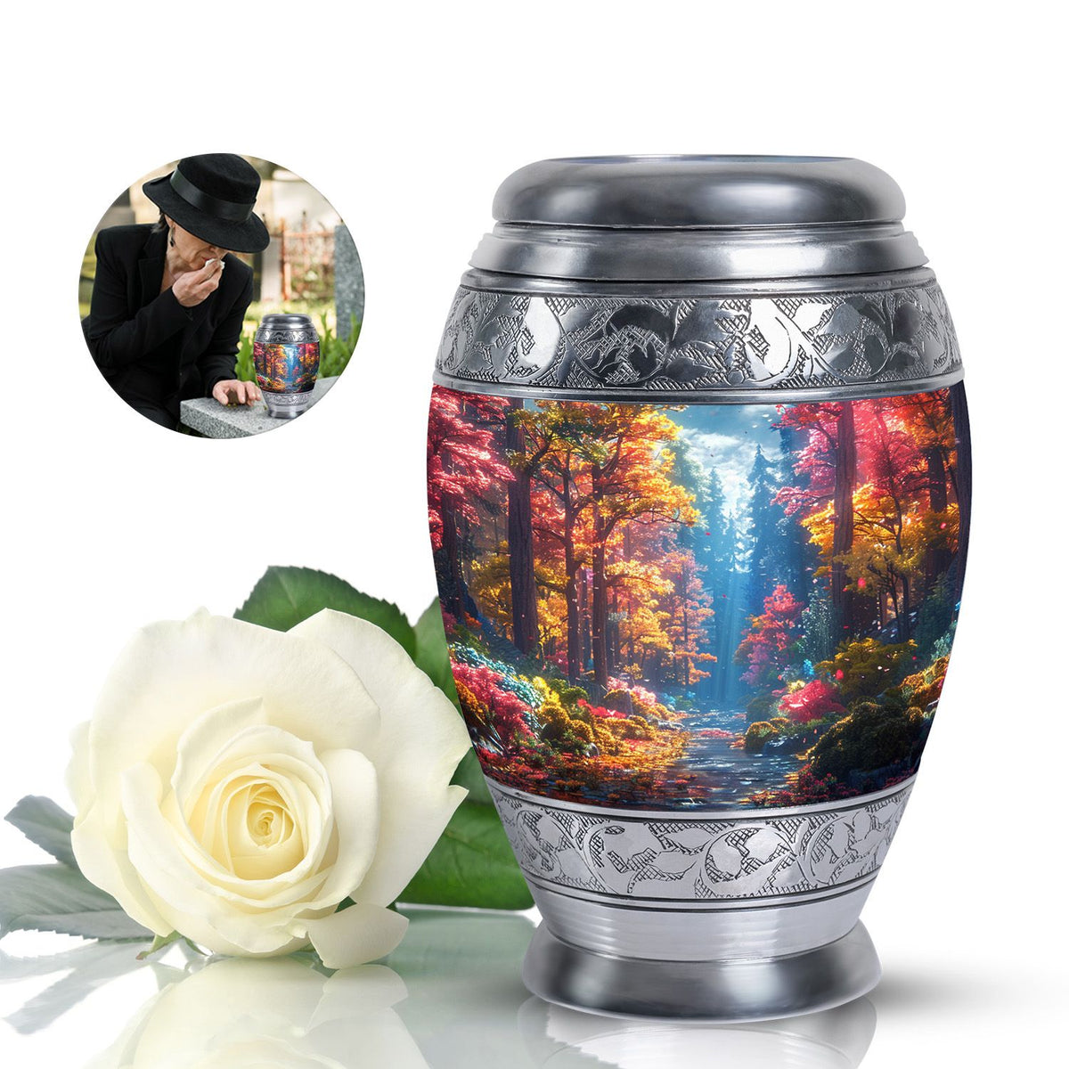 Forest Urn for Human Ashes, Colorful Autumn Path Through Trees, Cremation Urn