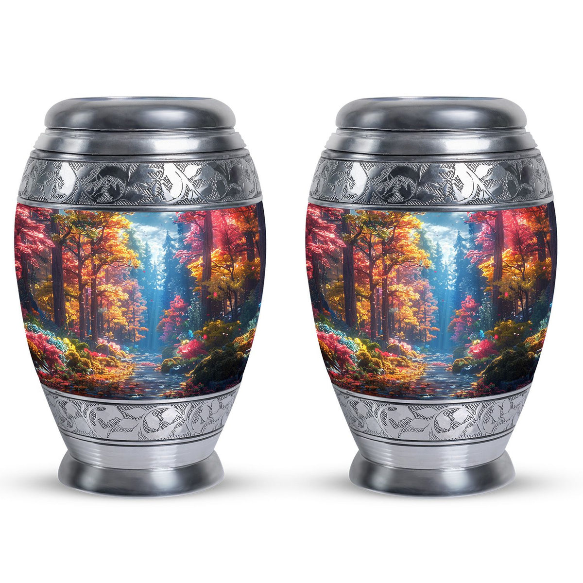 Forest Urn for Human Ashes, Colorful Autumn Path Through Trees, Cremation Urn