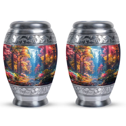 Forest Urn for Human Ashes, Colorful Autumn Path Through Trees, Cremation Urn