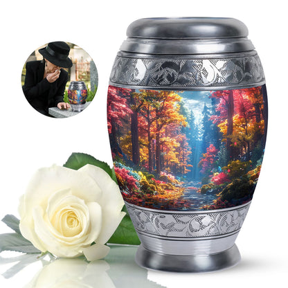 Forest Urn for Human Ashes, Colorful Autumn Path Through Trees, Cremation Urn