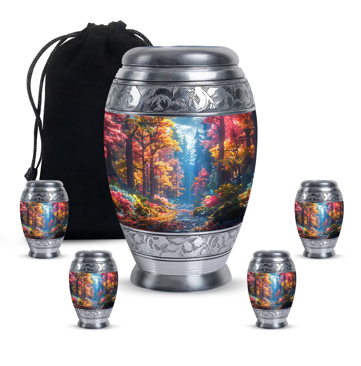 Forest Urn for Human Ashes, Colorful Autumn Path Through Trees, Cremation Urn