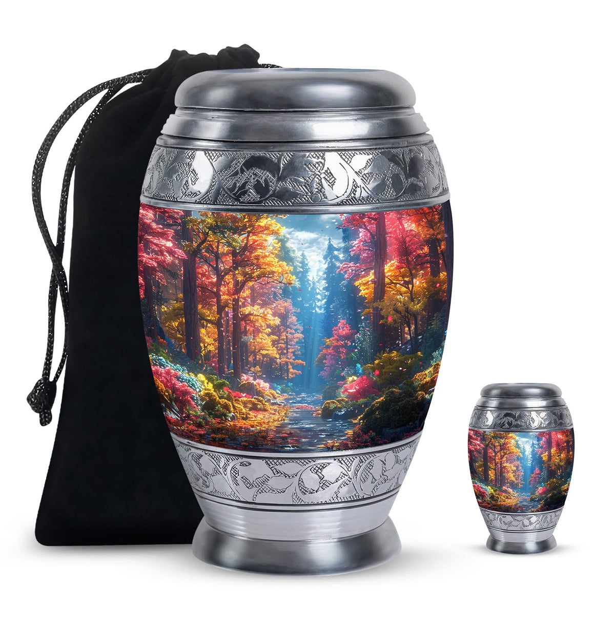 Forest Urn for Human Ashes, Colorful Autumn Path Through Trees, Cremation Urn