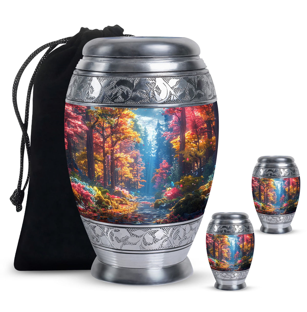 Forest Urn for Human Ashes, Colorful Autumn Path Through Trees, Cremation Urn