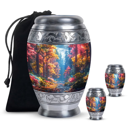 Forest Urn for Human Ashes, Colorful Autumn Path Through Trees, Cremation Urn