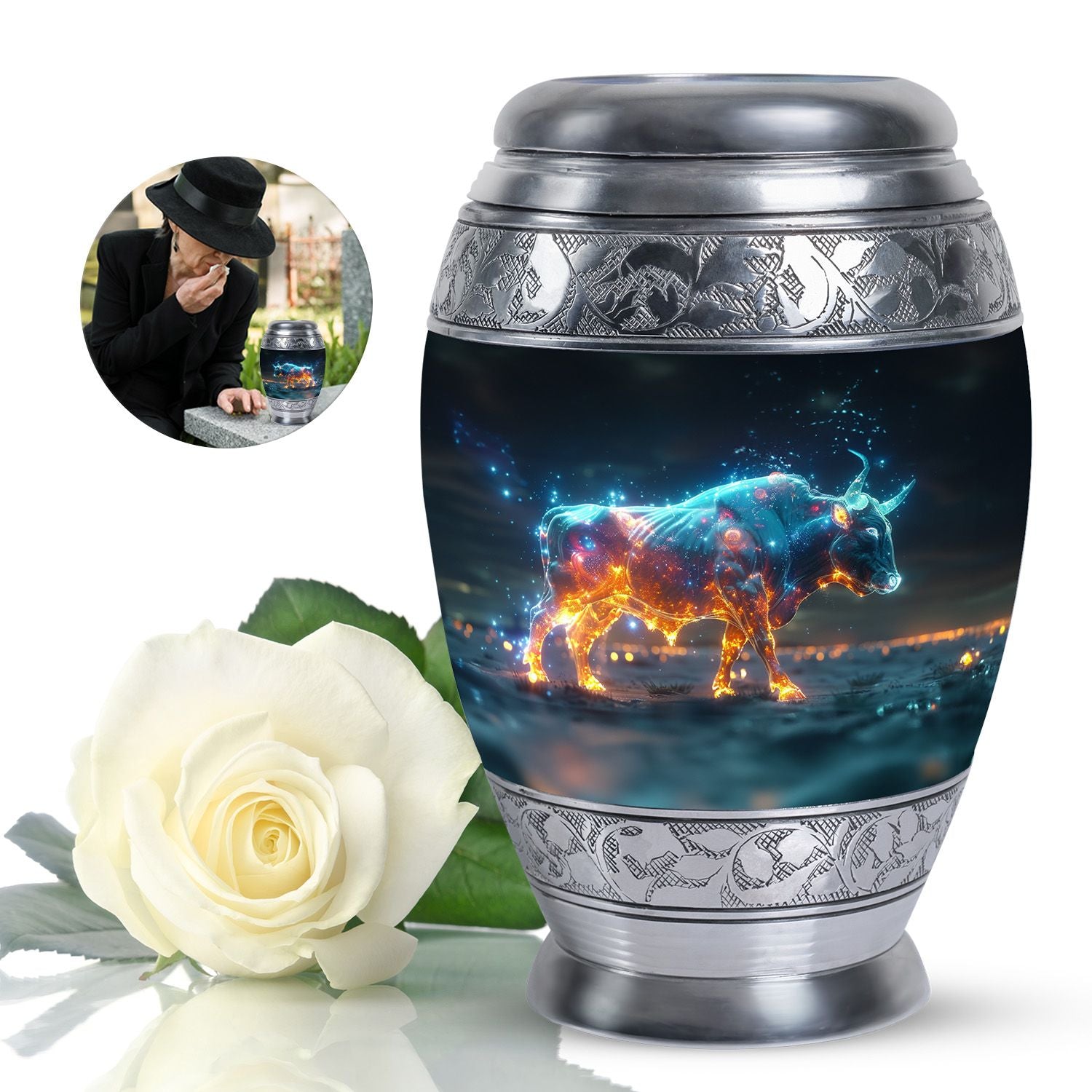Stellar Taurus Glowing Urn - Bull Urn Memorial For Men & Women
