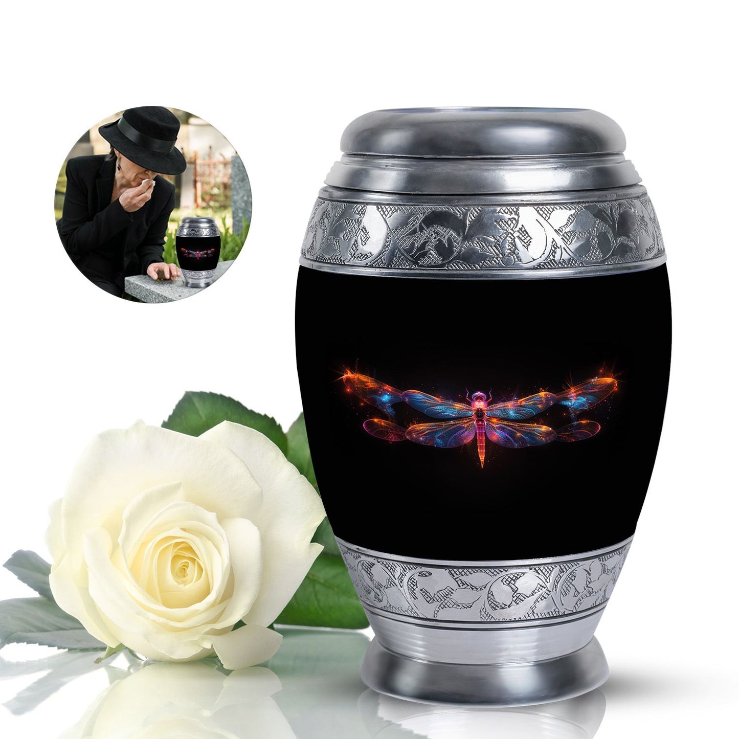 Black Personalized Dragonfly Cremation Urn for Women - 10-inch, 200 cu in - Yatskia