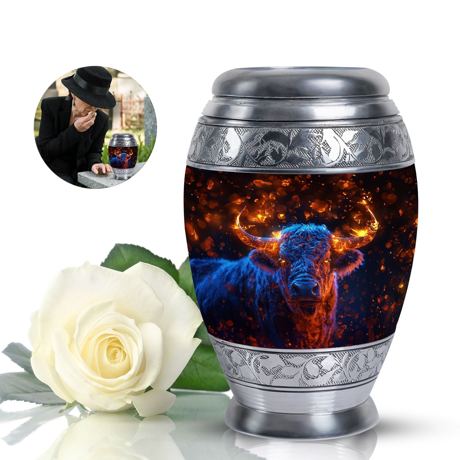 Fiery Horn Bull Memorial Urn For Ashes - Bull Cremation Ashes Urns
