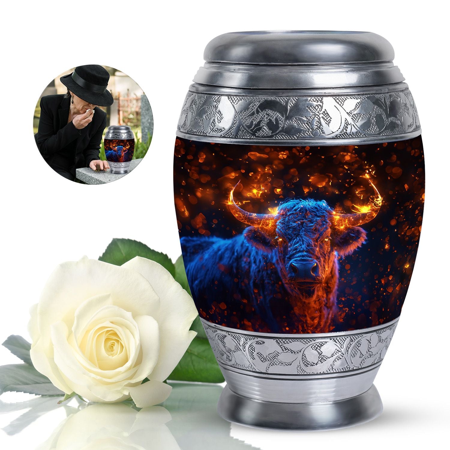 Fiery Horn Bull Memorial Urn For Ashes - Bull Cremation Ashes Urns
