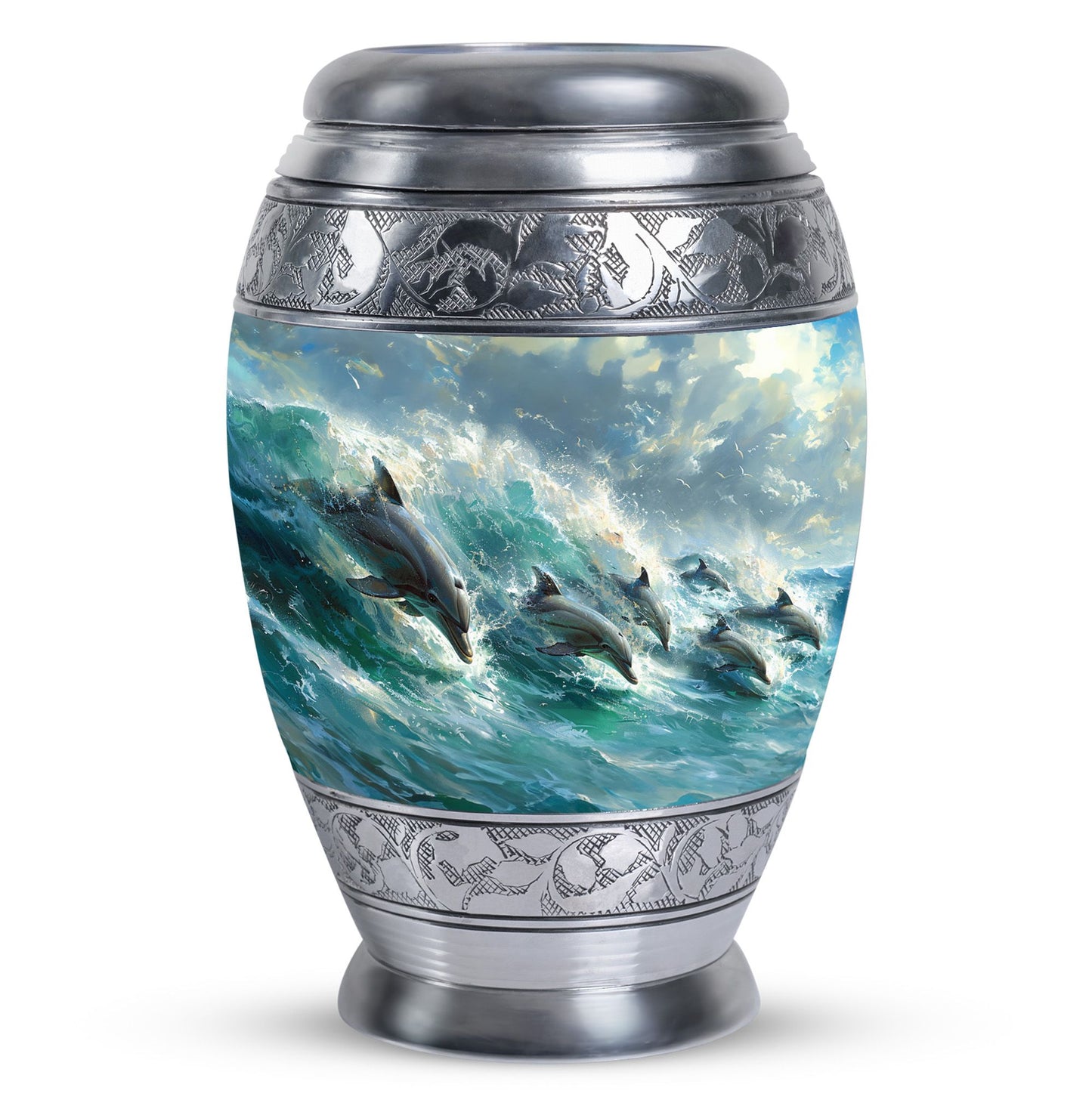 Dolphin Urn for Ashes with Dolphins Jumping Through Ocean Spray, Blue Grey Memorial Urn