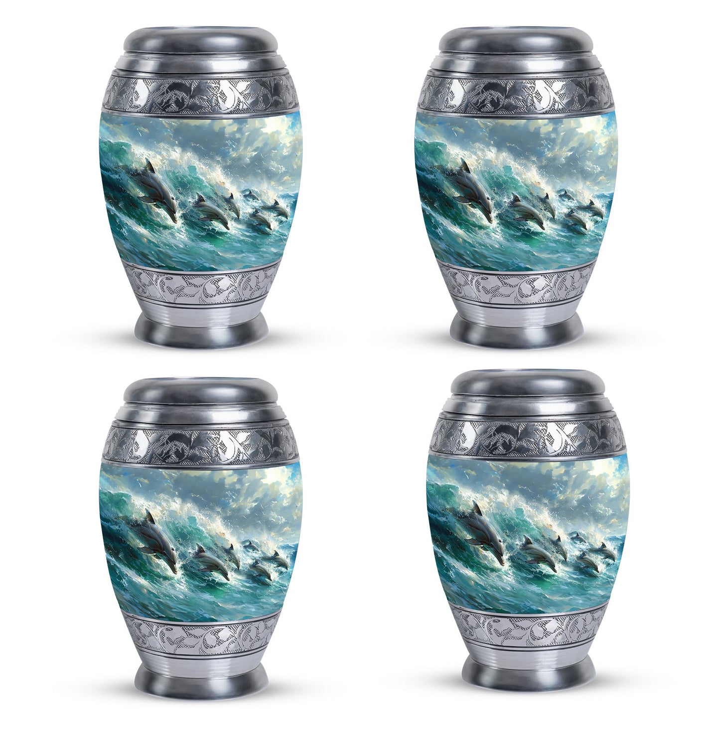 Dolphin Urn for Ashes with Dolphins Jumping Through Ocean Spray, Blue Grey Memorial Urn