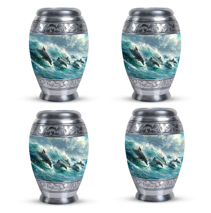 Dolphin Urn for Ashes with Dolphins Jumping Through Ocean Spray, Blue Grey Memorial Urn