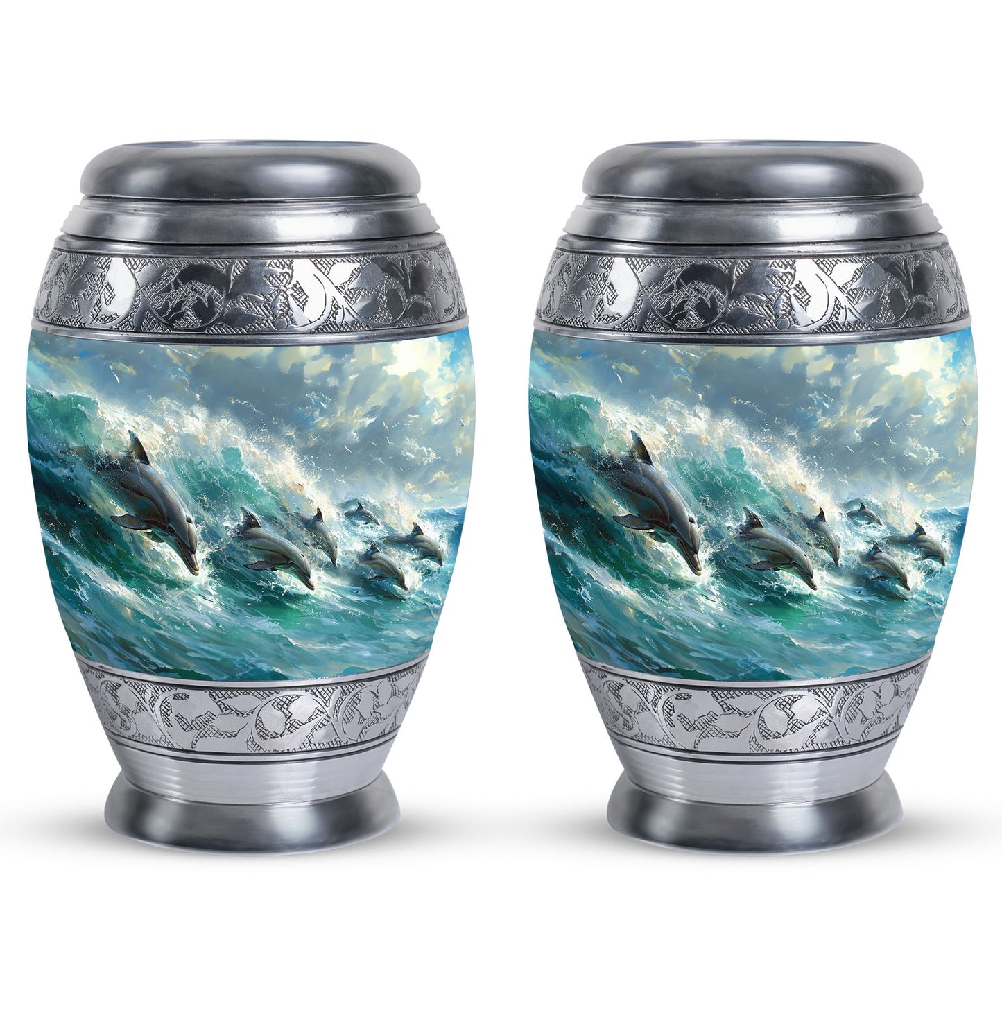 Dolphin Urn for Ashes with Dolphins Jumping Through Ocean Spray, Blue Grey Memorial Urn