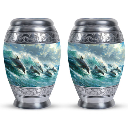 Dolphin Urn for Ashes with Dolphins Jumping Through Ocean Spray, Blue Grey Memorial Urn