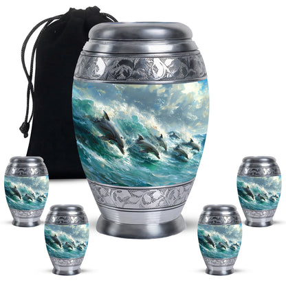 Dolphin Urn for Ashes with Dolphins Jumping Through Ocean Spray, Blue Grey Memorial Urn