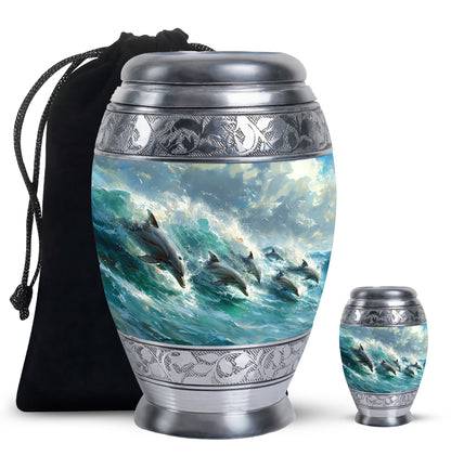 Dolphin Urn for Ashes with Dolphins Jumping Through Ocean Spray, Blue Grey Memorial Urn