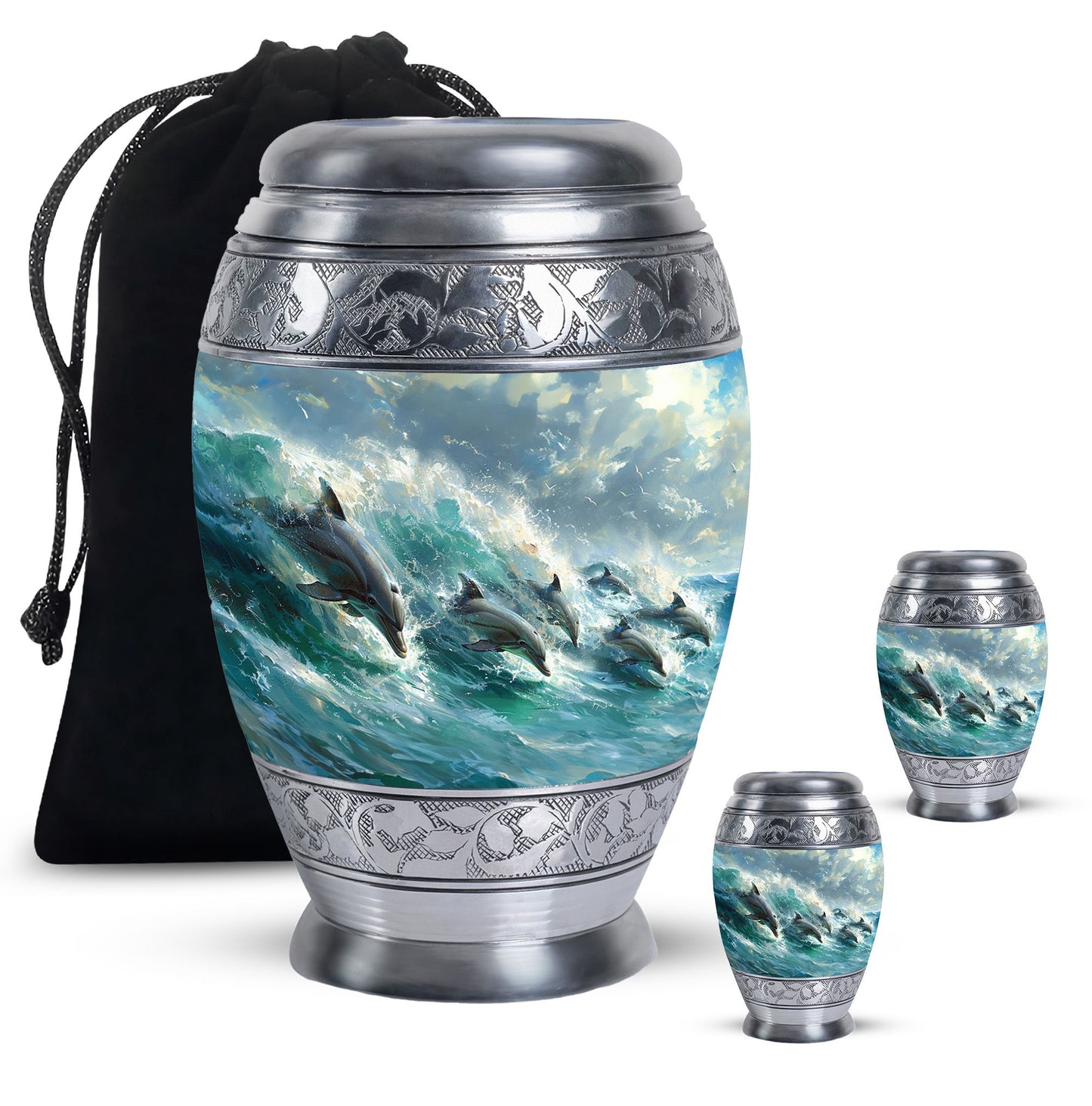 Dolphin Urn for Ashes with Dolphins Jumping Through Ocean Spray, Blue Grey Memorial Urn
