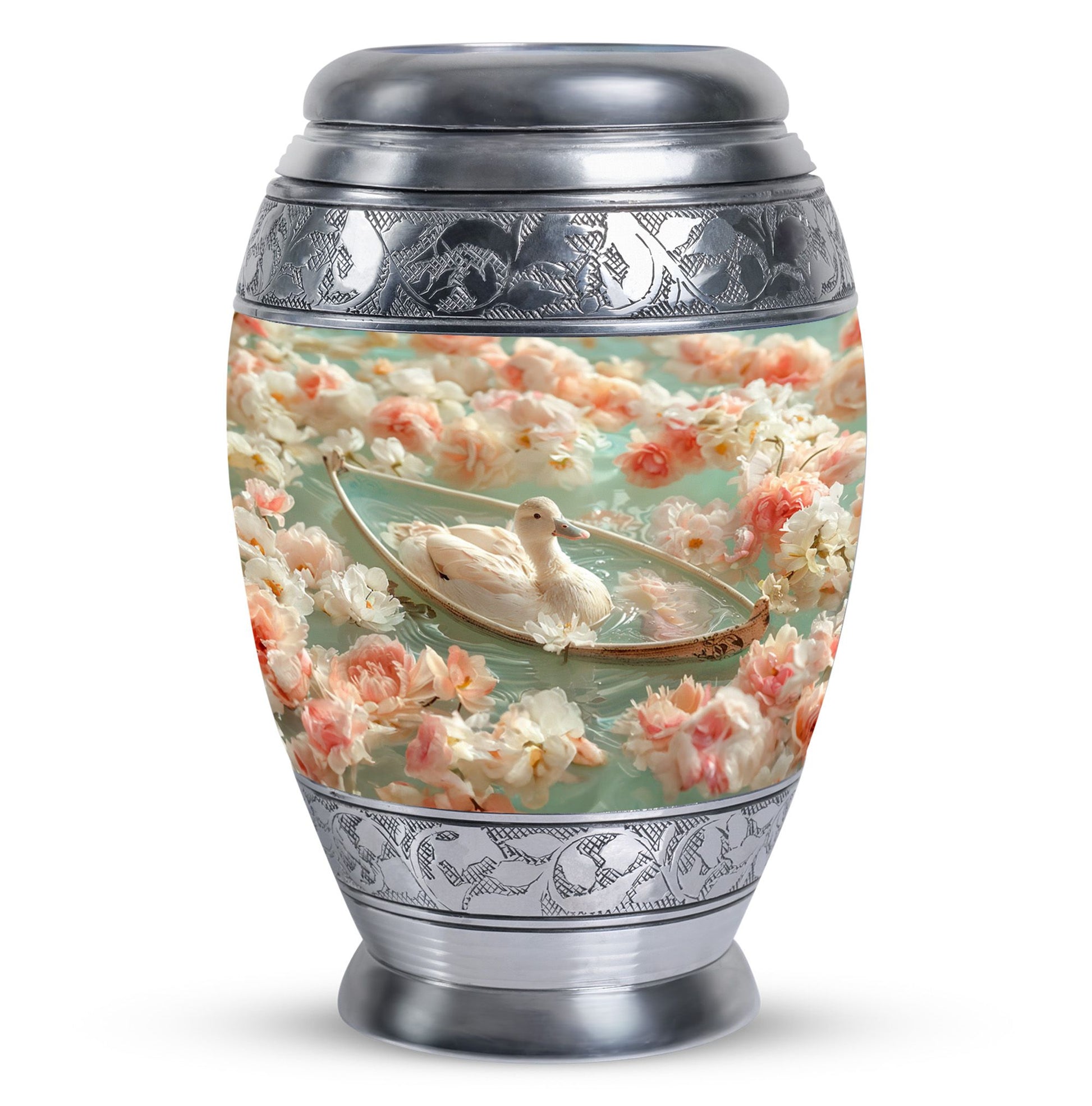 White Duck Funeral Urn - Mesmerizing Lotus Floral Urn For Ashes
