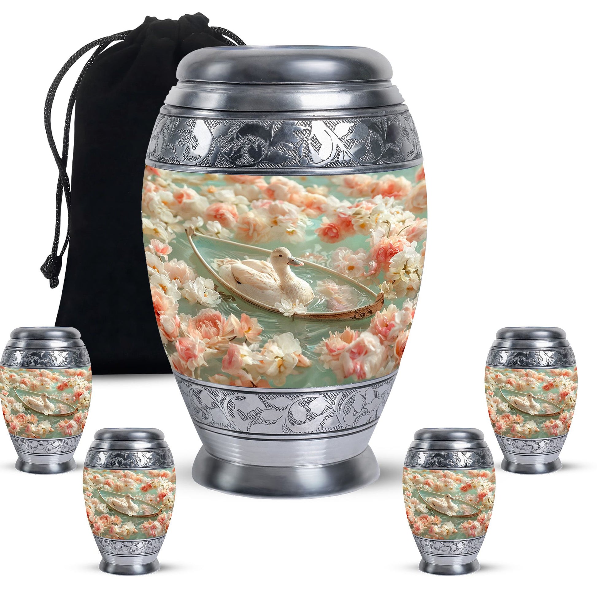 White Duck Funeral Urn - Mesmerizing Lotus Floral Urn For Ashes