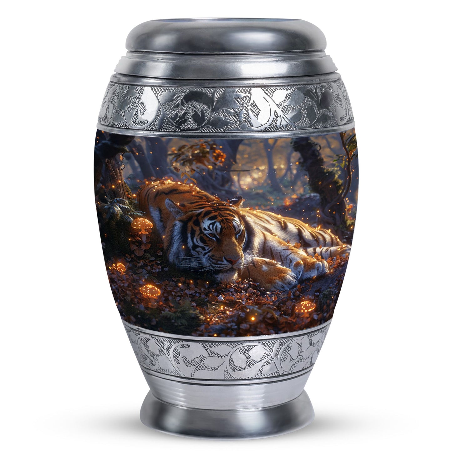 Tiger Urn for Human Ashes, Resting in Glowing Forest Flowers, Cremation Urn