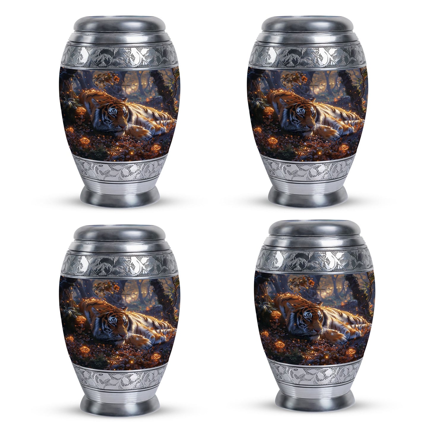Tiger Urn for Human Ashes, Resting in Glowing Forest Flowers, Cremation Urn