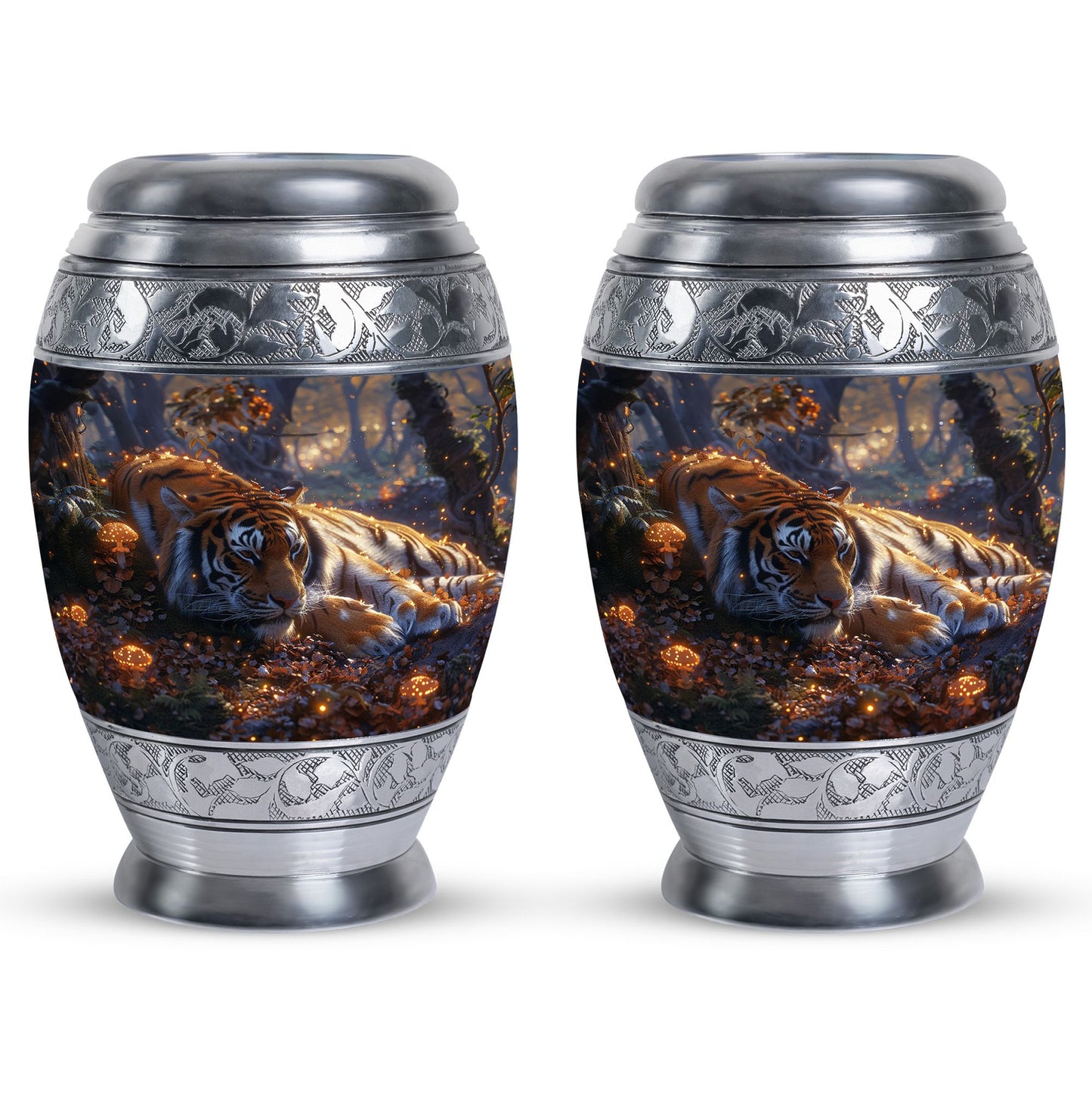 Tiger Urn for Human Ashes, Resting in Glowing Forest Flowers, Cremation Urn
