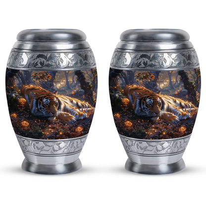 Tiger Urn for Human Ashes, Resting in Glowing Forest Flowers, Cremation Urn