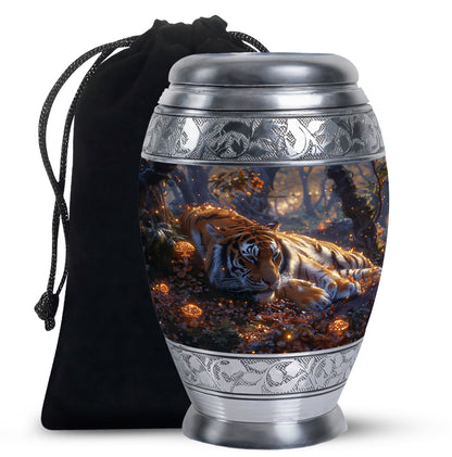Tiger Urn for Human Ashes, Resting in Glowing Forest Flowers, Cremation Urn