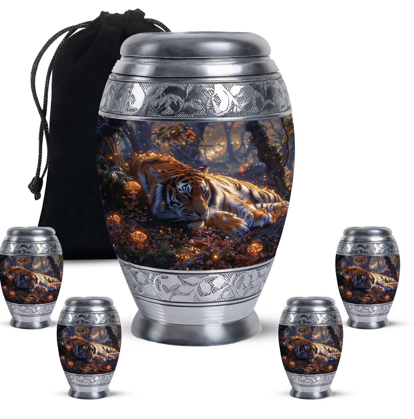 Tiger Urn for Human Ashes, Resting in Glowing Forest Flowers, Cremation Urn