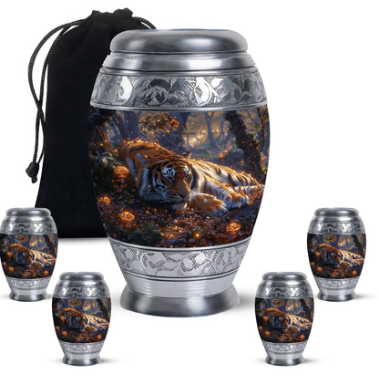Tiger Urn for Human Ashes, Resting in Glowing Forest Flowers, Cremation Urn