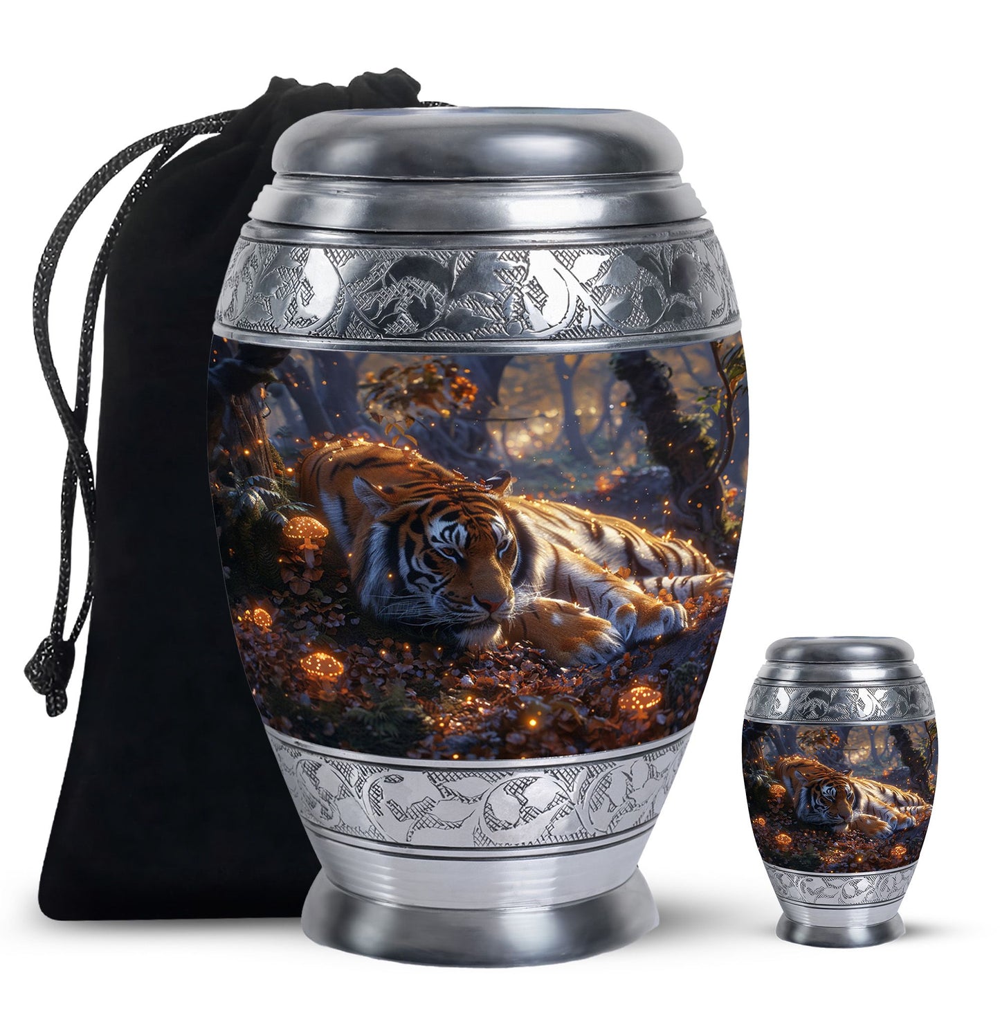 Tiger Urn for Human Ashes, Resting in Glowing Forest Flowers, Cremation Urn