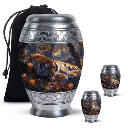 Tiger Urn for Human Ashes, Resting in Glowing Forest Flowers, Cremation Urn