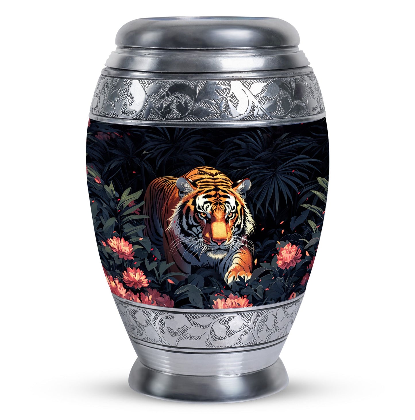 Black Personalized Tiger Cremation Urn for Human Ashes - 10-inch, 200 cu in - Yatskia
