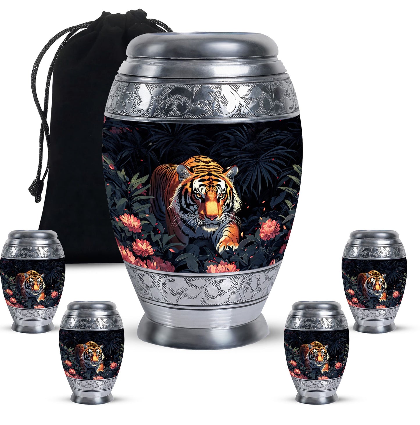 Black Personalized Tiger Cremation Urn for Human Ashes - 10-inch, 200 cu in - Yatskia