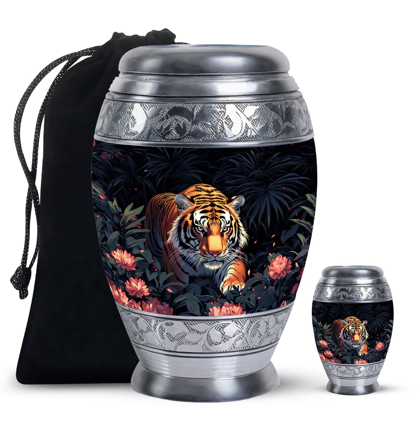 Black Personalized Tiger Cremation Urn for Human Ashes - 10-inch, 200 cu in - Yatskia