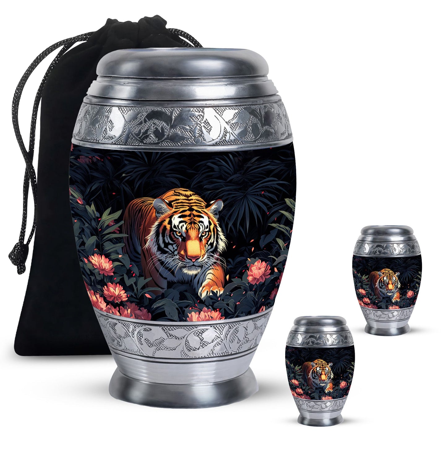 Black Personalized Tiger Cremation Urn for Human Ashes - 10-inch, 200 cu in - Yatskia