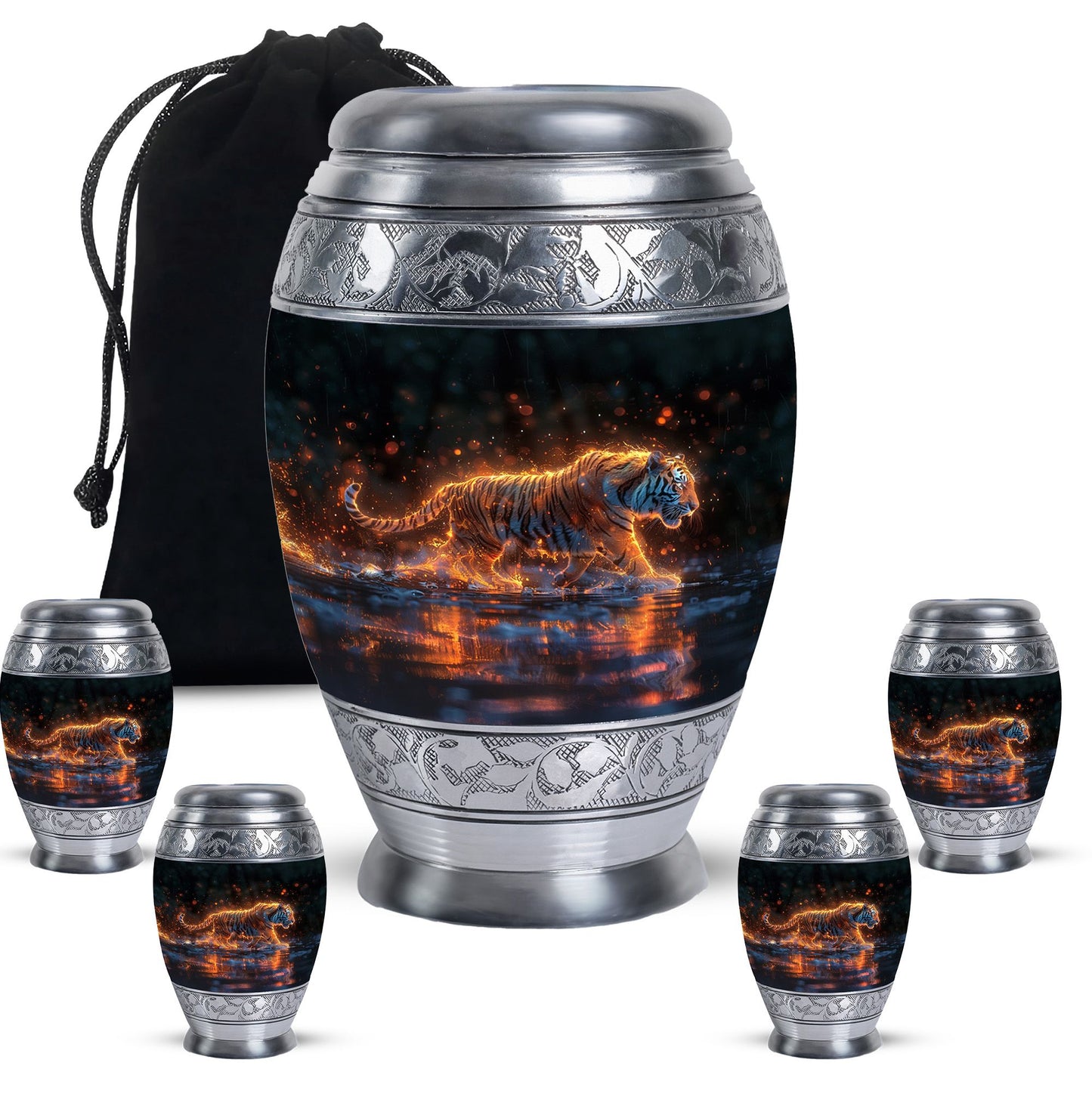 Black Personalized Tiger Cremation Urn for Human Ashes - 10-inch, 200 cu in - Yatskia