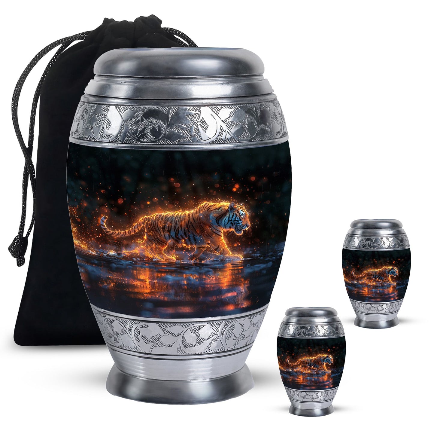 Black Personalized Tiger Cremation Urn for Human Ashes - 10-inch, 200 cu in - Yatskia