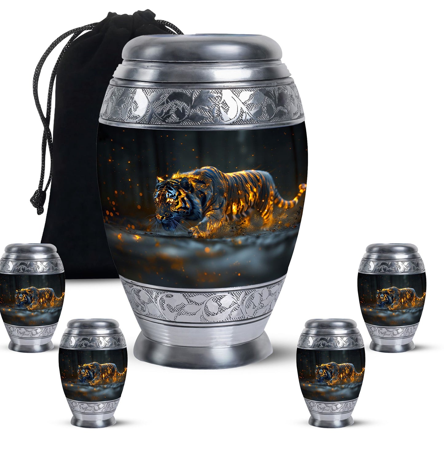 Black Personalized Tiger Cremation Urn for Human Ashes - 10-inch, 200 cu in - Yatskia