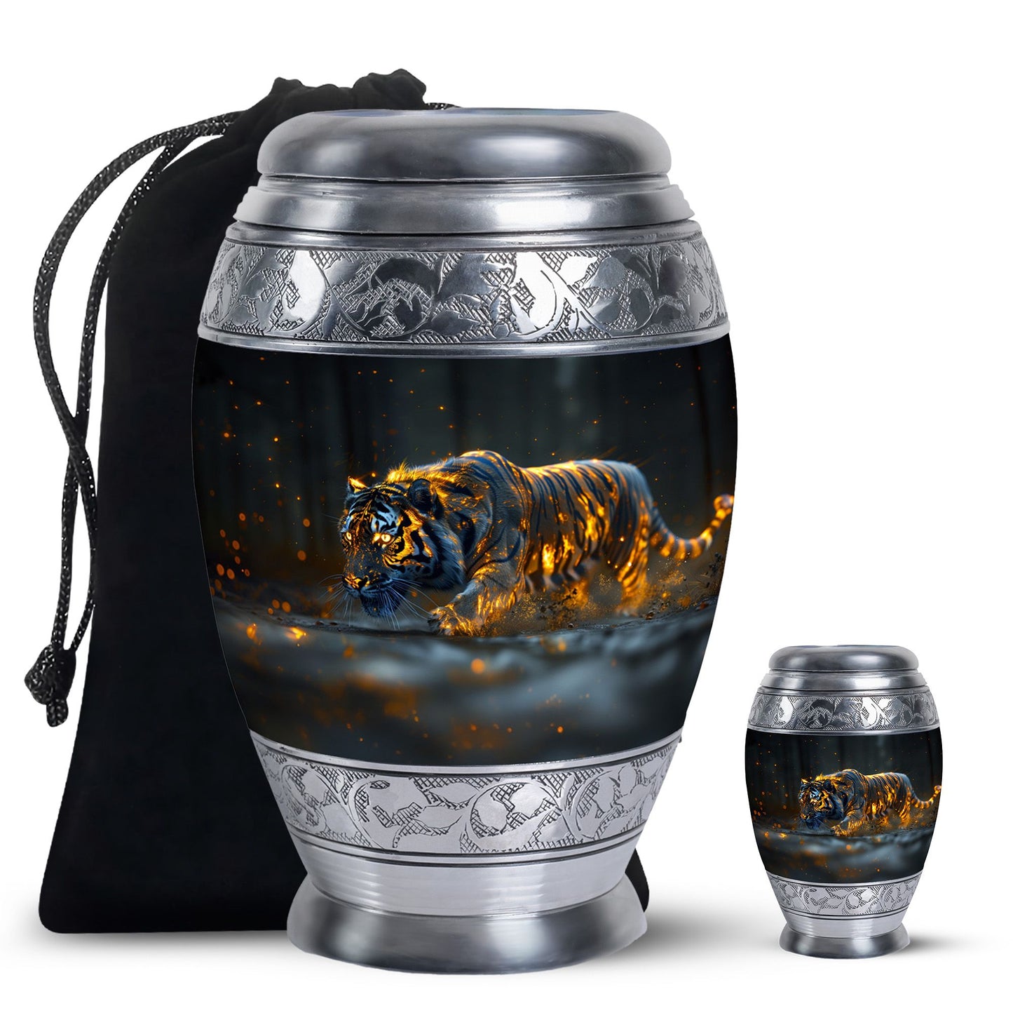 Black Personalized Tiger Cremation Urn for Human Ashes - 10-inch, 200 cu in - Yatskia