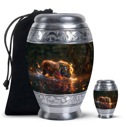 Black Personalized Tiger Cremation Urn for Human Ashes - 10-inch, 200 cu in - Yatskia