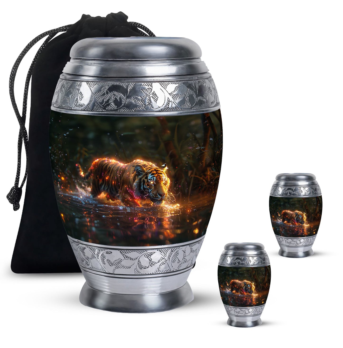 Black Personalized Tiger Cremation Urn for Human Ashes - 10-inch, 200 cu in - Yatskia