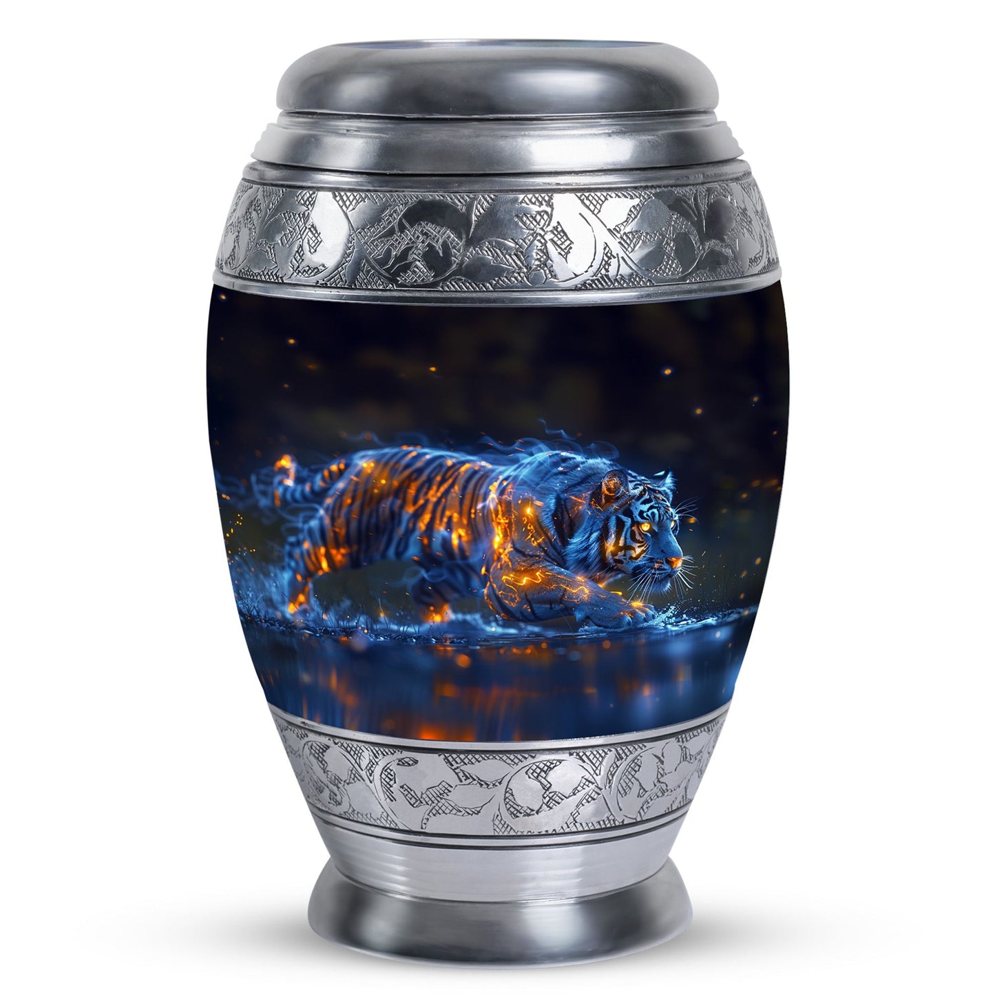 Tiger Urn for Human Ashes, Blue Ceramic Crouching Tiger with Embers in Water, Memorial Urn