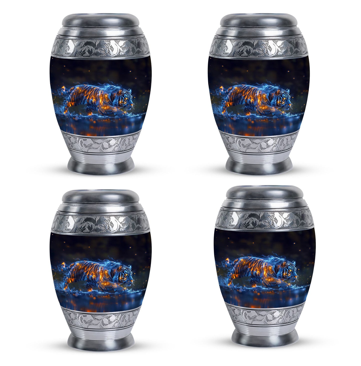 Tiger Urn for Human Ashes, Blue Ceramic Crouching Tiger with Embers in Water, Memorial Urn